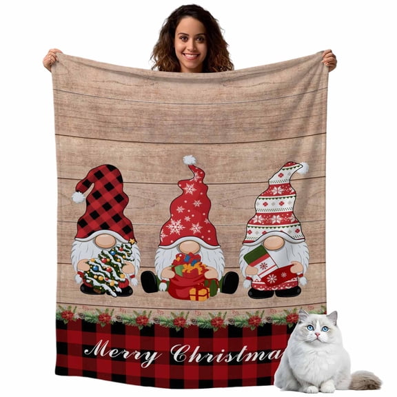 Christmas Dwarfs Fleece Throw Blanket Lightweight Winter Hat Gnome Poinsettia Retro Wood Plaid Fuzzy Flannel Throws Super Soft Cozy Flannel Blanket for Couch, Sofa, Bed, Travel 60"x80"