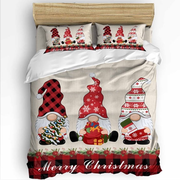 Christmas Dwarfs King Size Comforter Set, Winter Hat Gnome Poinsettia Retro Linen Plaid Bedding for All Seasons, 4 Pcs Bed Set with 1Comforter (90"x106") ,1 Sheet(94"x116"), 2 Pillowcases (19"x35")