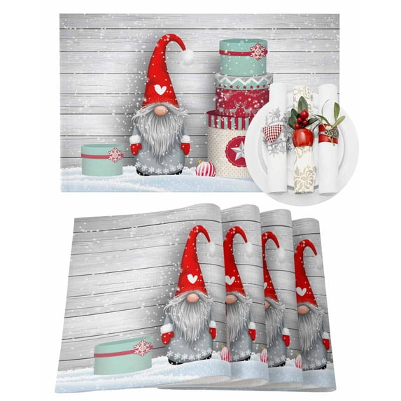 Christmas Dwarfs Placemats Set of 12 Winter Gnomes with Hat Xmas Boxs Wood Grain Heat Insulation Washable Place Mats, Rustic Non-Slip Table Mats for Dining Table Party Kitchen Decor,13x19 Inch