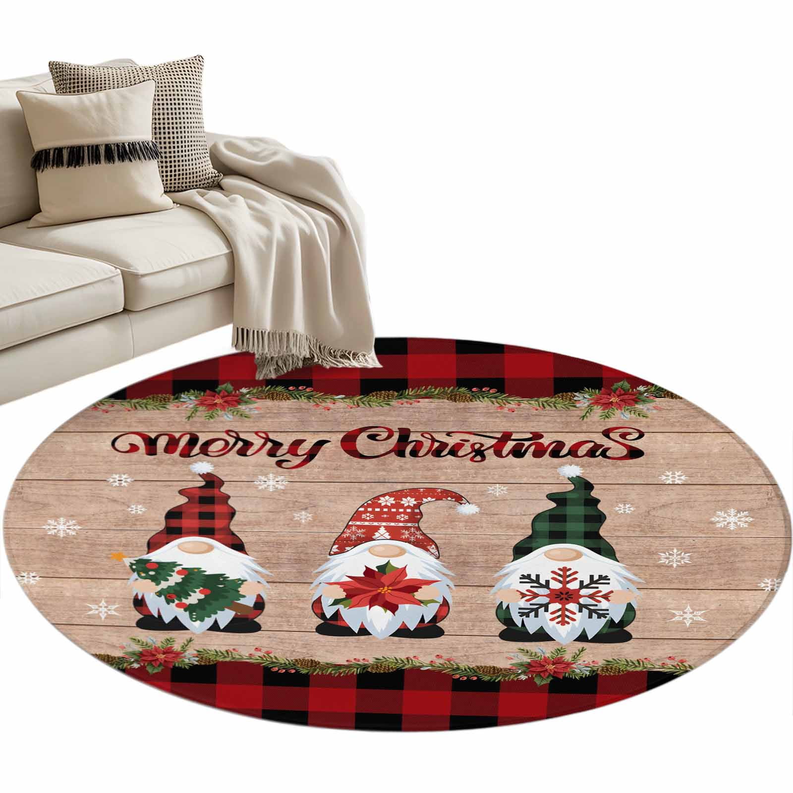 Christmas Dwarfs Round Area Rug 4ft Xmas Snowflake Poinsettia Wooden ...