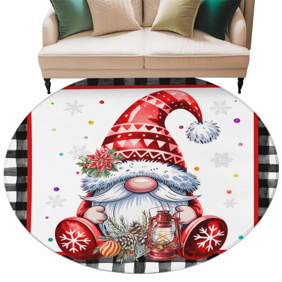Christmas Dwarfs Round Area&nbsp;Rug 5ft Red Xmas Gnome Poinsettia Black Buffalo Plaid Non-Slip&nbsp;Washable Circle Rugs Soft Felt Indoor Floor Mat for Bedroom Kitchen Living Room Bathroom