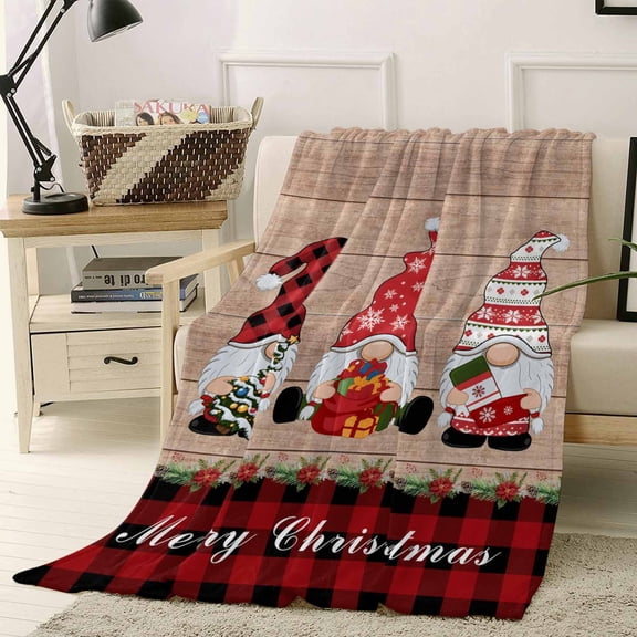Christmas Dwarfs Throw Flannel Blanket 40x60In Winter Hat Gnome Poinsettia Retro Wood Plaid Super Soft Cozy Bed Blanket, Lightweight Plush Fuzzy Bed Throw for Bedroom Sofa Couch Living Room
