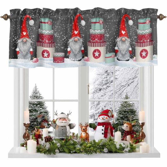 Christmas Dwarfs Valances for Windows, 42 x 18in, Winter Gnomes with Hat Xmas Boxs Snow Gray Rod Pocket Kitchen Valance Curtain Light Filtering Window Treatments for Living Room Bedroom, 1 Panel