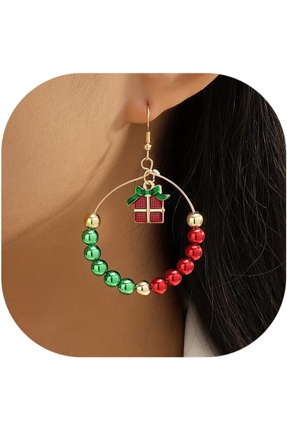 Christmas Earrings for Women Christmas Boxes Santa Claus Hoop Earrings Green Purple Red Pink Yellow Beaded Drop Dangle Earrings Xmas Theme Earrings Jewelry for Festival New Year Party