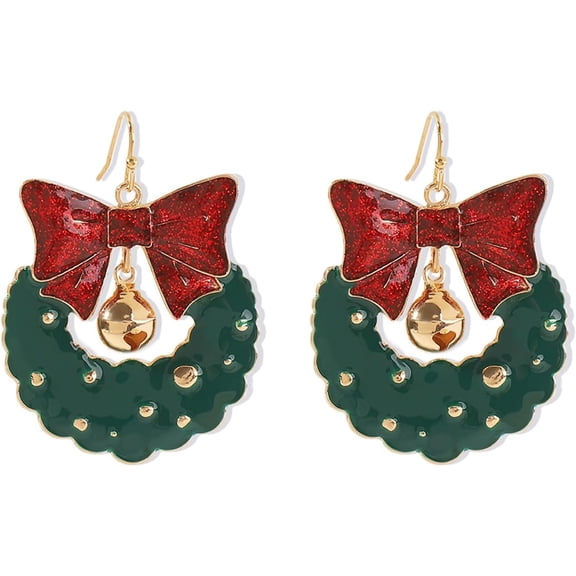 Christmas Earrings for Women Red Bow Green Wreath Dangle Earrings Christmas Bell Bowknot Enamel Dangling Xmas Theme Earrings Jewelry for Festival New Year Party