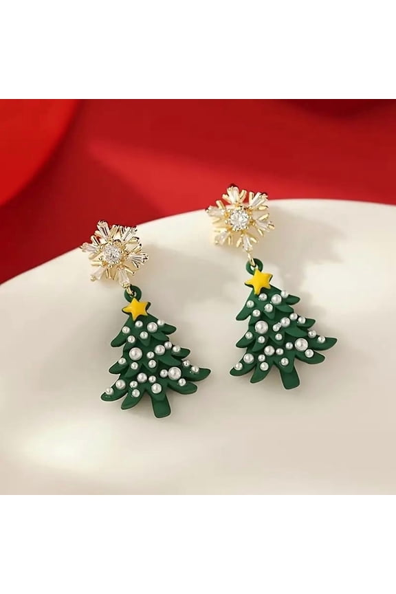 Christmas Earrings for Women Crystal Christmas Tree Earrings Holiday Xmas Earrings Pearl Snowflake Drop Dangle Earring Party Festival Jewelrygreen
