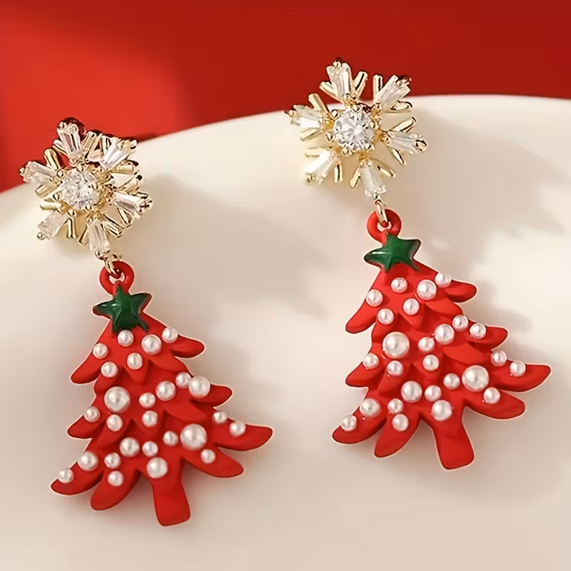 Christmas Earrings for Women Crystal Christmas Tree Earrings Holiday Xmas Earrings Pearl Snowflake Drop Dangle Earring Party Festival Jewelryred