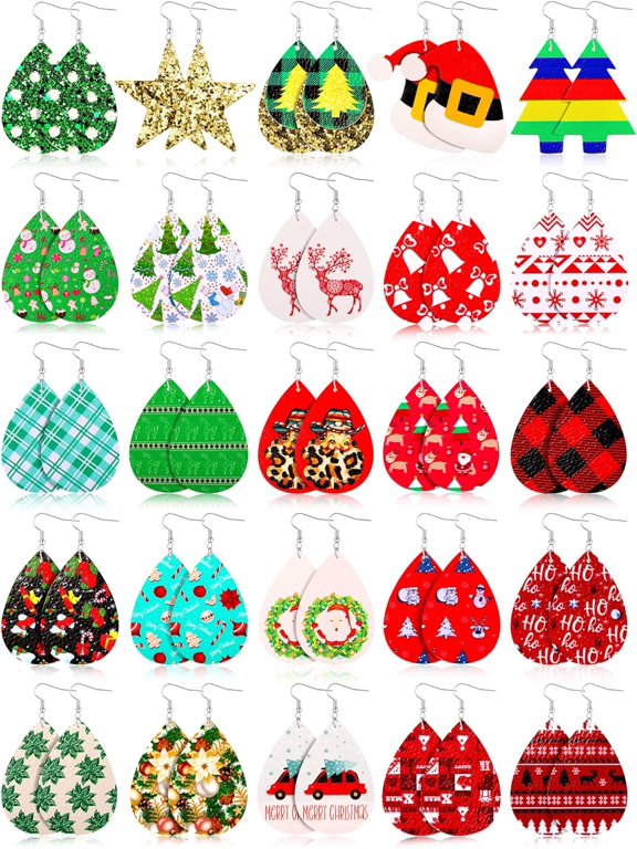 Christmas Earrings for Women Teardrop Faux Leather Dangle Earrings Set Christmas Jewelry Gift Holiday Earrings for Xmas New Year Party Decorations