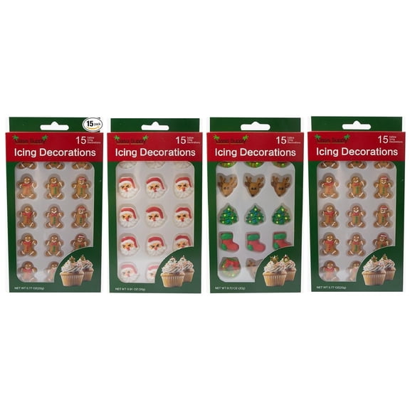 Christmas Edible Cake Decorations - Candy or Cupcake Topper -Gingerbread Man, Santa Face, Trees, Wreaths, Reindeer, & Christmas Boots 60 Pieces Total