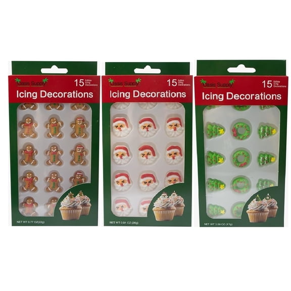 Christmas Edible Cake Decorations - Candy or Cupcake Topper -Gingerbread Man, Santa Face, Trees and Wreaths, 45 Pieces Total