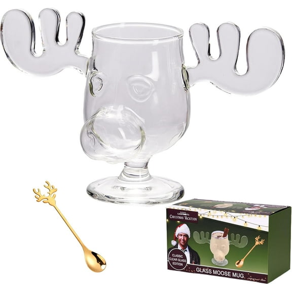 Christmas Eggnog Moose Mug, Clear Thick Cute Glass Coffee Mug, Vacation Movie Moose Christmas Gift Drinking Cup for Friend Birthday Holiday (Short Footed Glass)