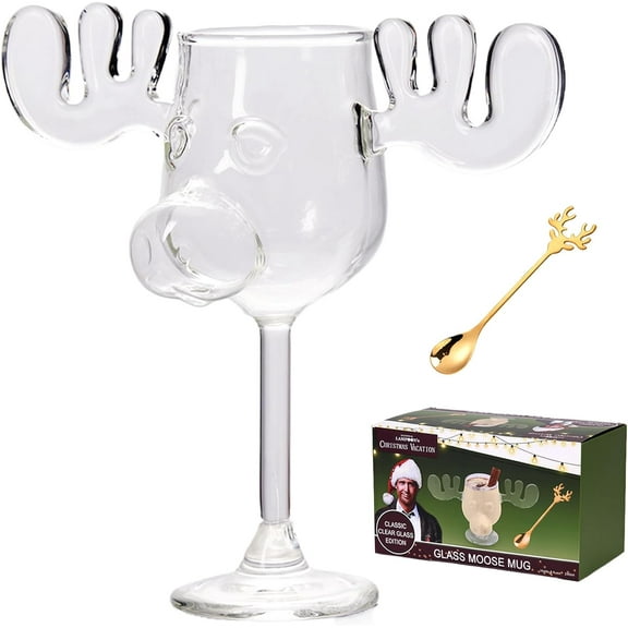 Christmas Eggnog Moose Mug, Clear Thick Cute Glass Coffee Mug, Vacation Movie Moose Christmas Gift Drinking Cup for Friend Birthday Holiday (Short Footed Glass)