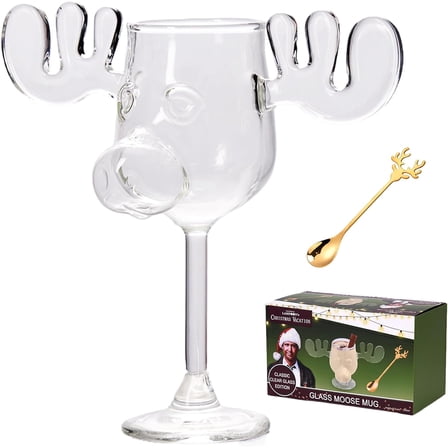 Christmas Eggnog Moose Mug, Clear Thick Cute Glass Coffee Mug, Vacation Movie Moose Christmas Gift Drinking Cup for Friend Birthday Holiday (Short Footed Glass)