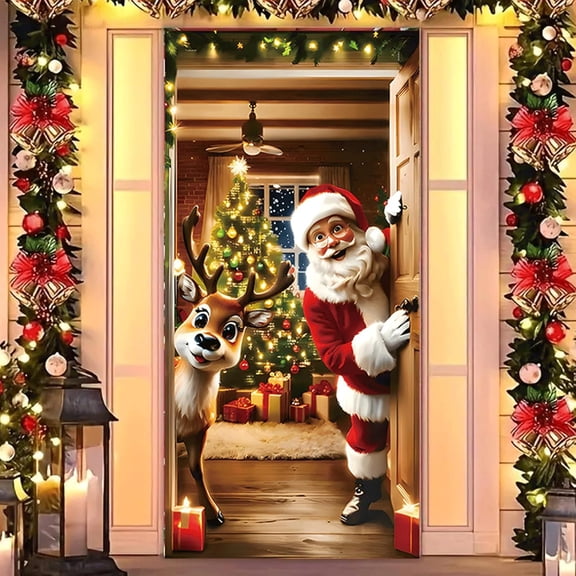 Christmas Elastic Fabric Door Cover Home Decor, 35x79 Inch Santa Claus Design Door Banner, Xmas New Year Front Door Hanging Decor for Holiday Home Decoration