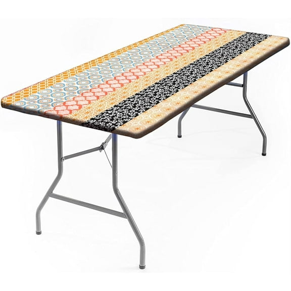 Christmas Elastic Fitted Tablecloth, Merry Christmas Wooden Tree Rectangle Table Cover for 6ft Folding Table, Waterproof Wipeable Table Cloth for Outdoor Picnic Camping Parties, 72x30in