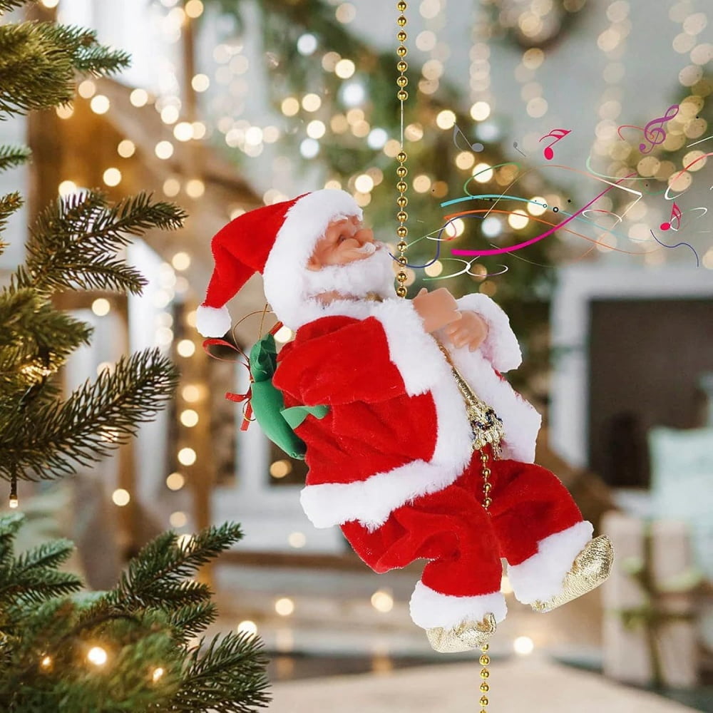 Christmas Electric Climbing Santa with Music & LED Light, Electric Climbing Ladder Santa Claus Doll for Xmas Tree Decorations Hanging Christmas Ornaments Tree Decor Holiday Party Gift