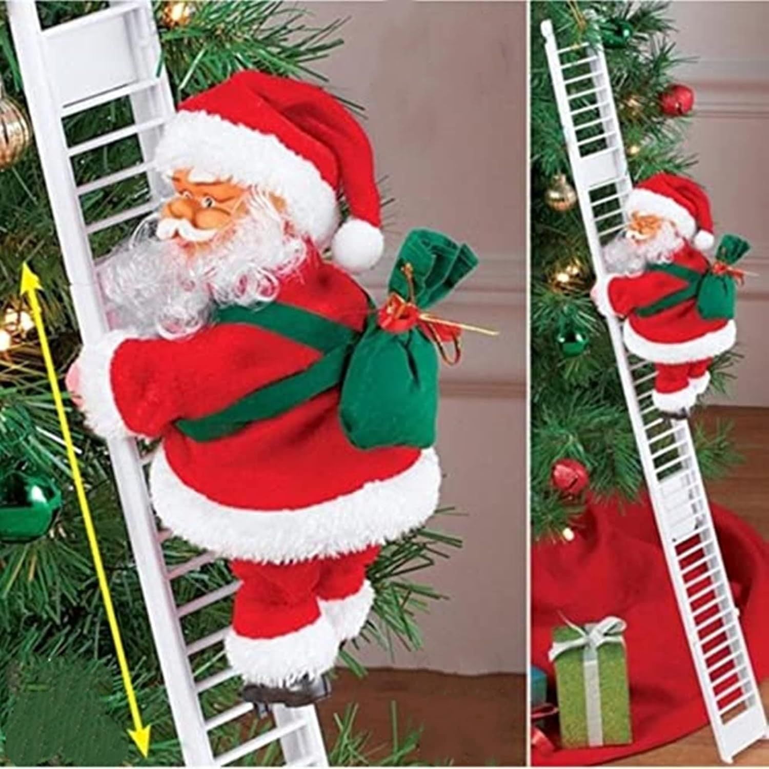 Christmas Electric Climbing Santa with Music & LED Light, Electric Climbing Ladder Santa Claus Doll for Xmas Tree Decorations Hanging Christmas Ornaments Tree Decor Holiday Party Gift