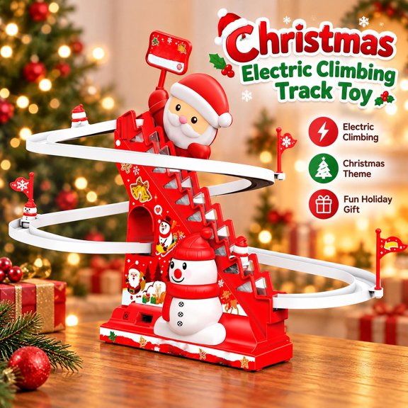 Christmas Electric Climbing Staircase Track Toys with Santa and Snowman Figures, Red and White, for Student Ages 3 and Up, Interactive Toys