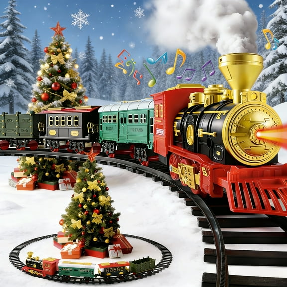 Christmas Electric Steam Train Set Toy with Smoke Spray, DIY Track (Round/Oval), Musical & Light Effects - Festive Holiday Gift for Kids