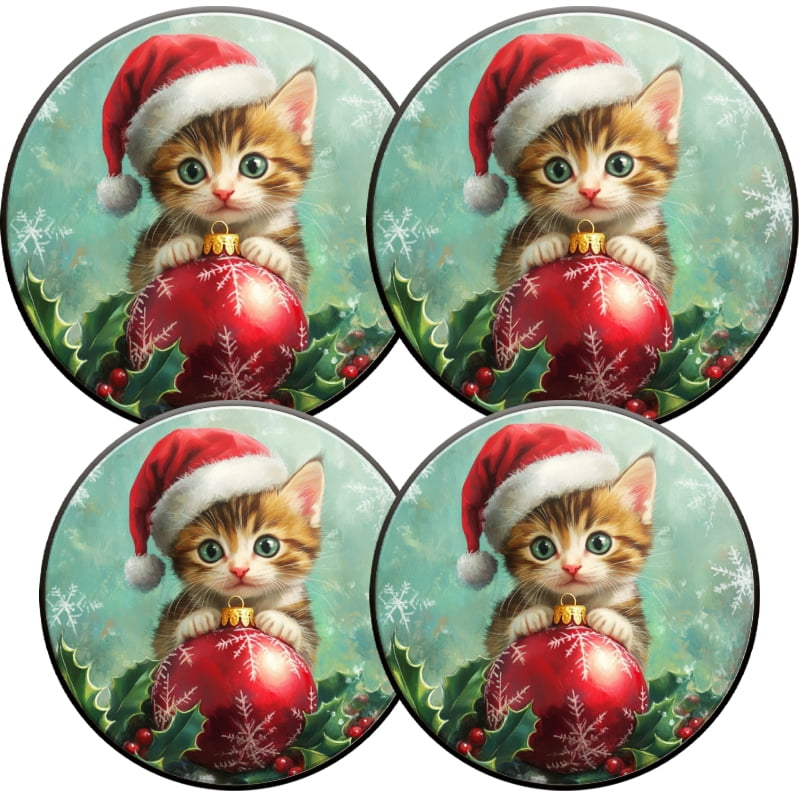 Christmas Electric Stove Burner Covers for Electric Stove, Cute kitten with Christmas Ball Ornament Round Metal Gas Stove Burner Covers Set of 4 for Kitchen Holiday, 8 Inches and 10 Inches