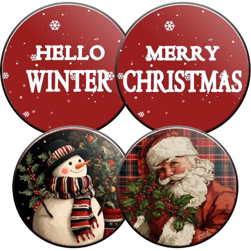 Christmas Electric Stove Burner Covers for Electric Stove, Red Merry Christmas Santa and Snowman Round Decorative Metal Gas Stovetop Covers Set of 4 for Kitchen, 8 Inches and 10 Inches