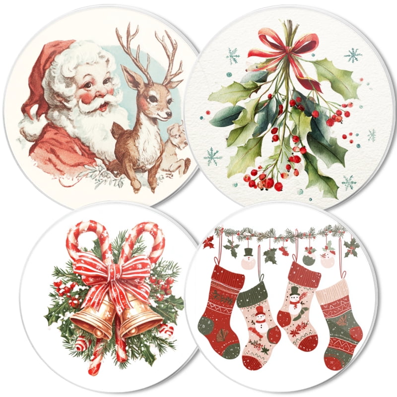 Christmas Electric Stove Burner Covers for Electric Stove, Santa Claus and Christmas Bells Round Decorative Metal Gas Stovetop Covers Set of 4 for Kitchen, 8 Inches and 10 Inches