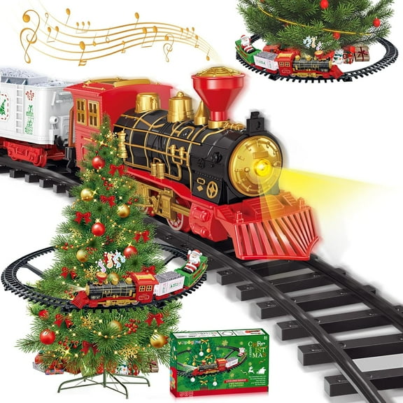 Christmas Electric Train Set, Dual-Mode Christmas Train Toy Set with Track, Tree Hanging Train Lights and Music, Includes Santa Claus, Christmas Toy Train Gifts for Kids