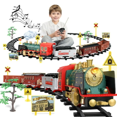 Christmas Electric Train Set with Steam, Sound & Light, Remote Control Train Toys w/ Steam Locomotive Engine, Cargo Cars & Tracks, Toy Train w/ Rechargeable Battery for Kids Boys 3 4 5 6 7 8 Year Old