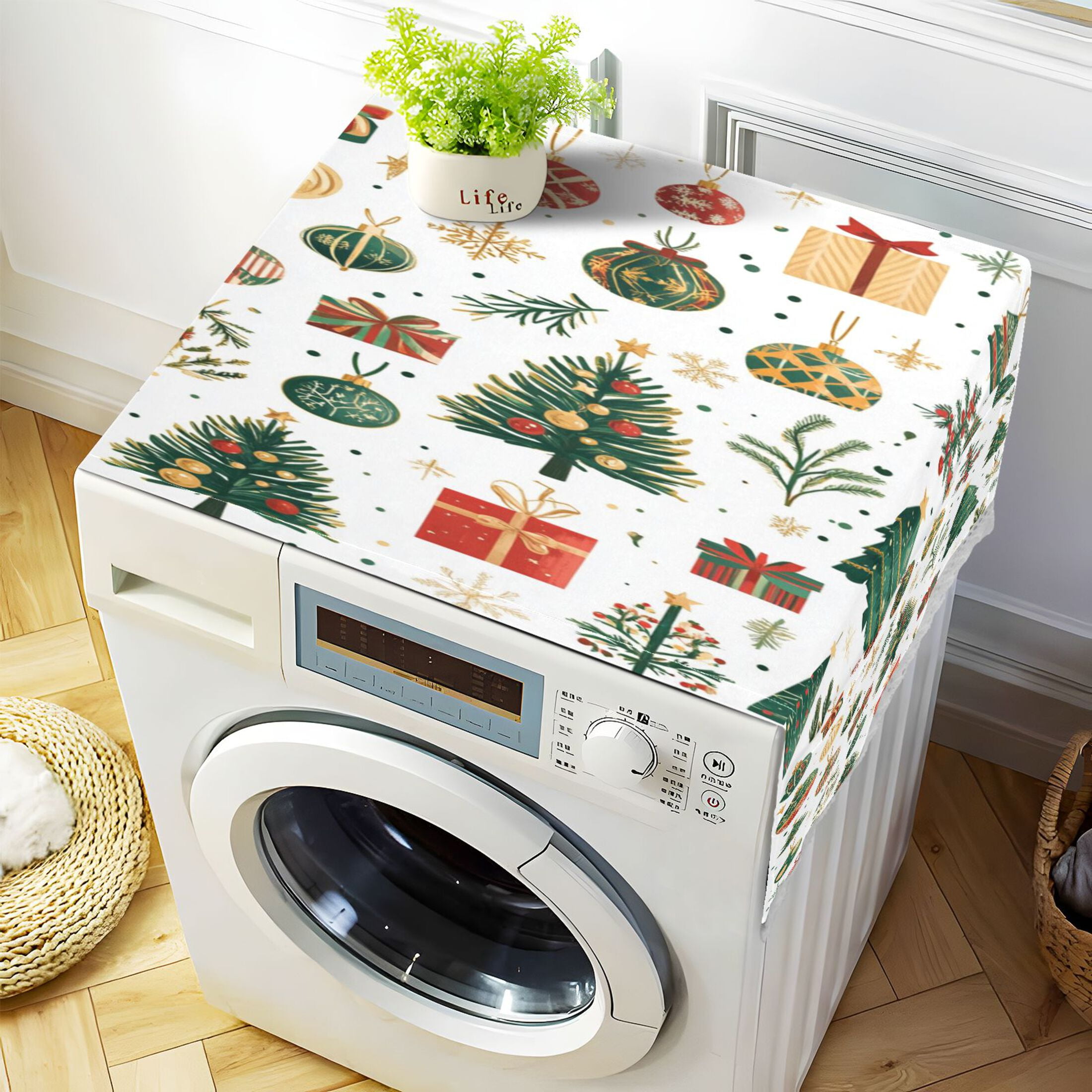 Christmas Elements ClipartWasher and Dryer Covers Dust-Proof and Oil Resistant Fridge Cover with 4 Storage Pockets Washing Machine Top Cover for Laundry Kitchen Home 51.2 x 22 In
