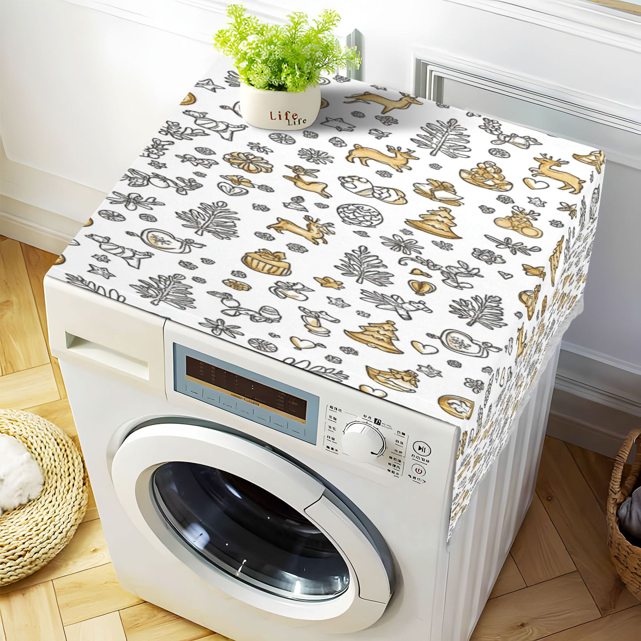 Christmas Elements IconsWasher and Dryer Covers Dust-Proof and Oil Resistant Fridge Cover with 4 Storage Pockets Washing Machine Top Cover for Laundry Kitchen Home 51.2 x 22 In