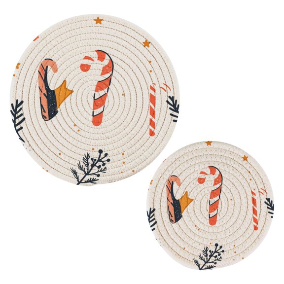 Christmas Elements Pattern Candy Cotton Braided Potholders, 2 Pack Heat-Resistant Pads 7.09'' and 9.45''