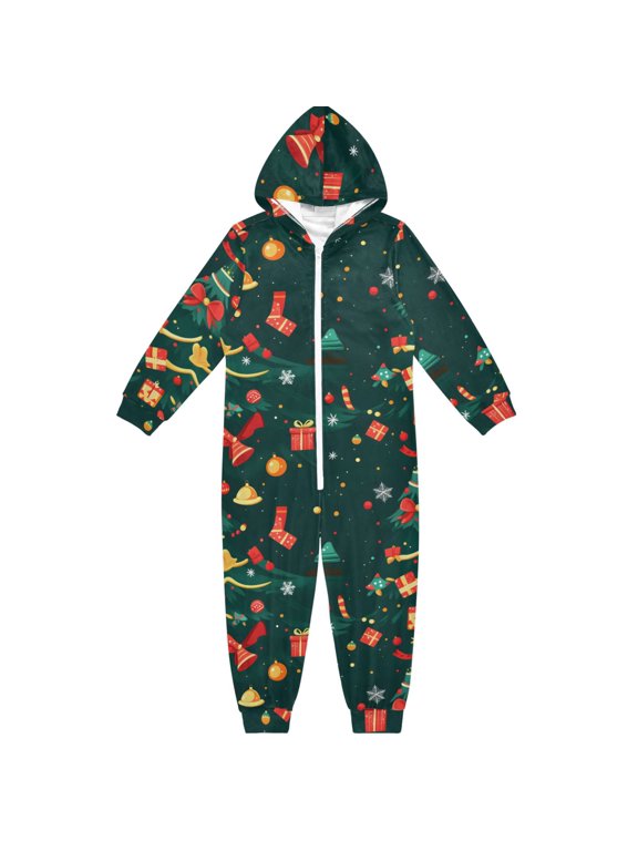 Christmas Elements Pattern One Piece Pajamas Soft Jumpsuit Cozy Sleep and Play Romper Zipper and Pockets 9-11Y