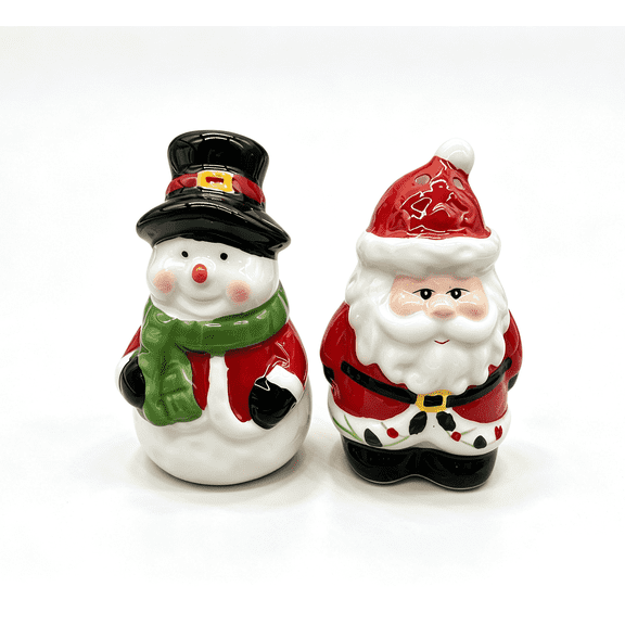Christmas Elements Salt and Pepper Shakers Small and Cute Ceramic Salt Shaker & Pepper Container Set with Design Unique Fun Kitchen Decor Spice Dispenser Seasoning Snowman and Santa Claus Set of 2