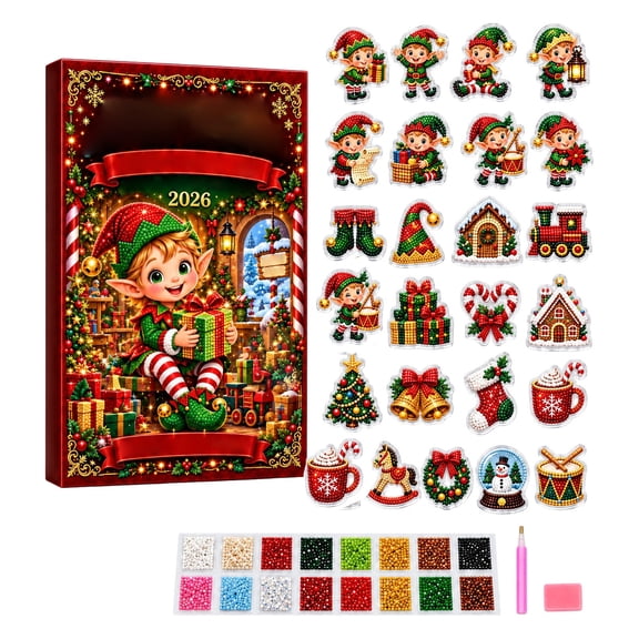 Christmas Elf Advent Calendar, 24-Day DIY Diamond Art Countdown Set with 24 2D Acrylic Ornaments for Holiday Gifts and Decor