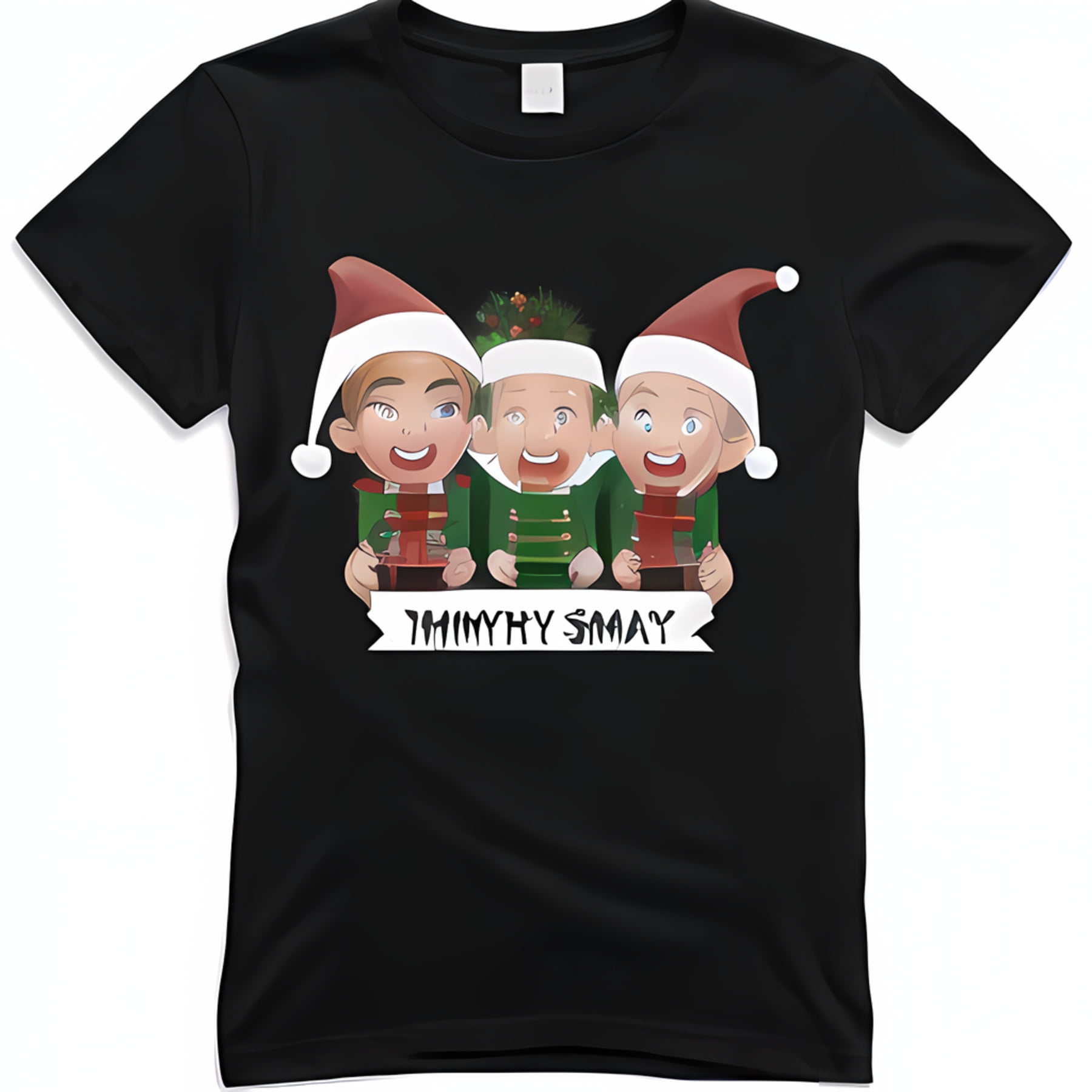 Christmas Elf Black TShirt Festive Cartoon Design for Men or Wome