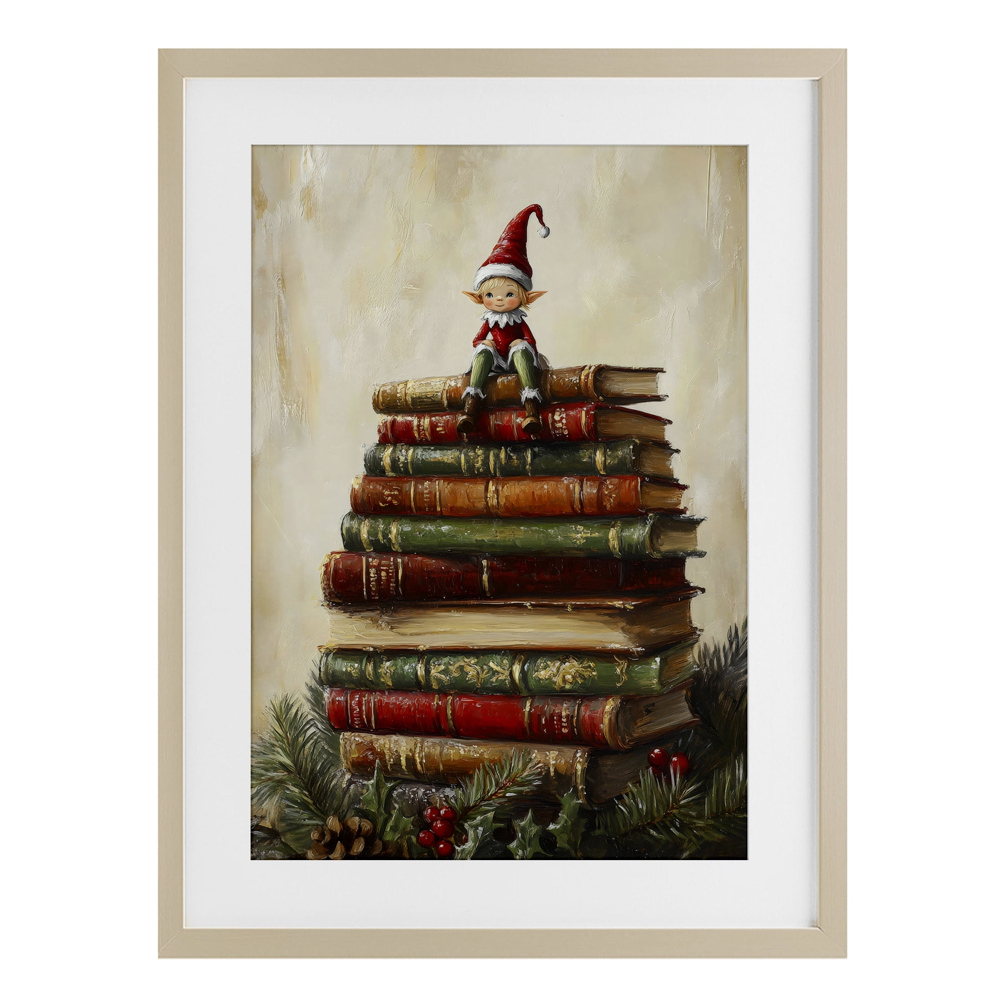 Christmas Elf Bookstack Birch Framed Print Under Glass, design by Petal Prints Design