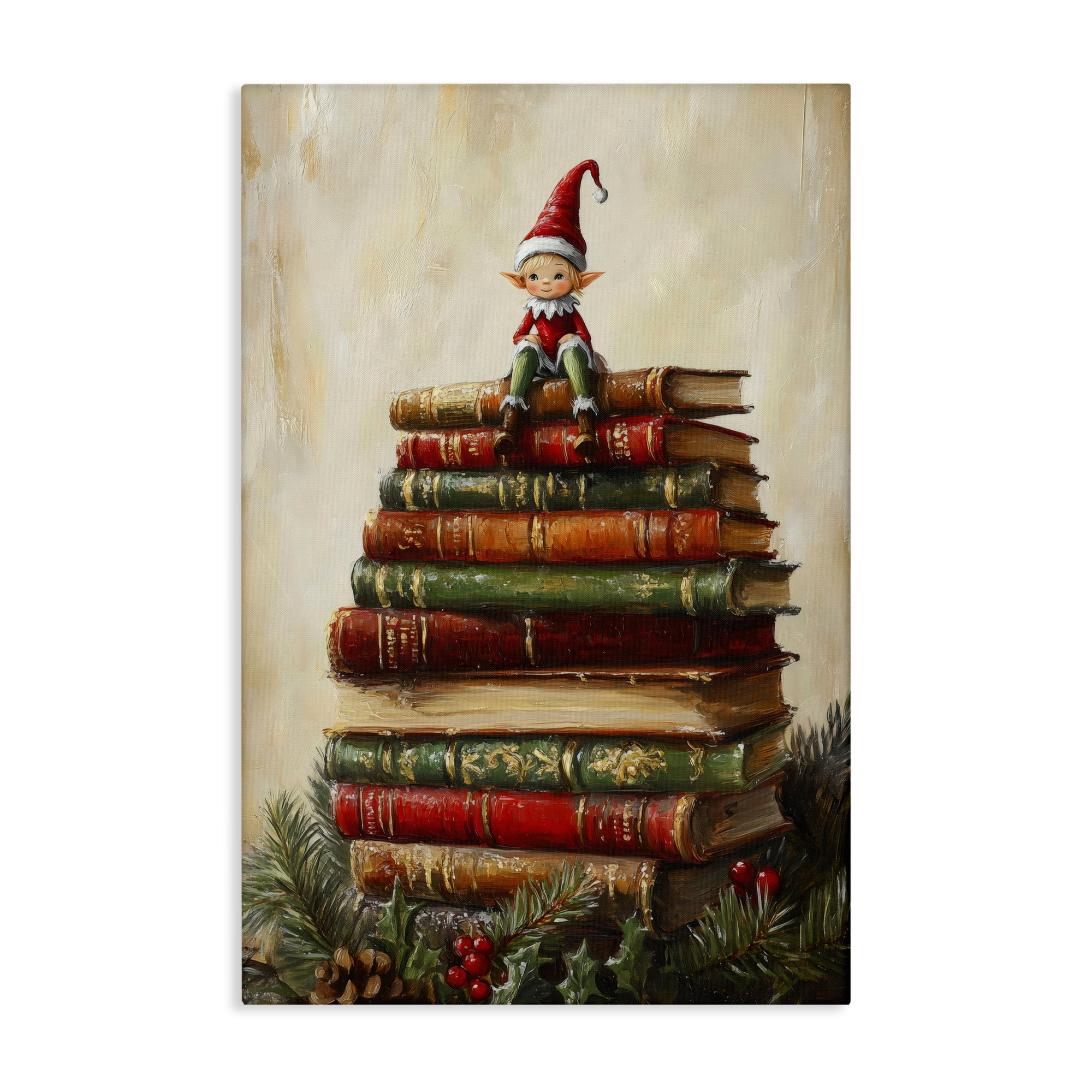 Christmas Elf Bookstack Canvas Wall Art, design by Petal Prints Design
