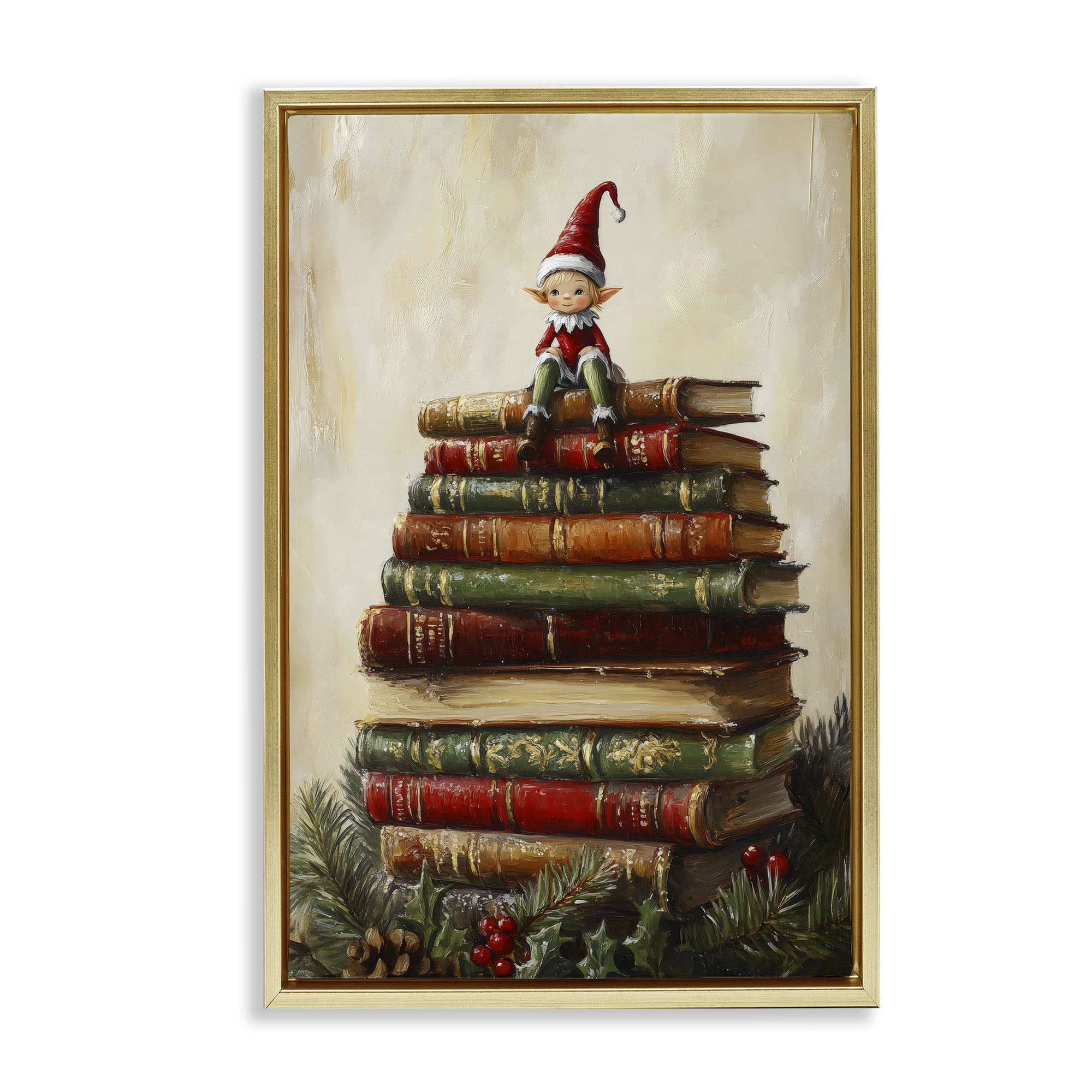 Christmas Elf Bookstack Gold Framed Floater Canvas Wall Art, design by Petal Prints Design