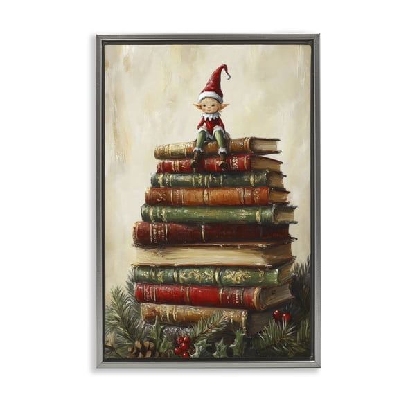 Christmas Elf Bookstack Gray Framed Floater Canvas Wall Art, design by Petal Prints Design