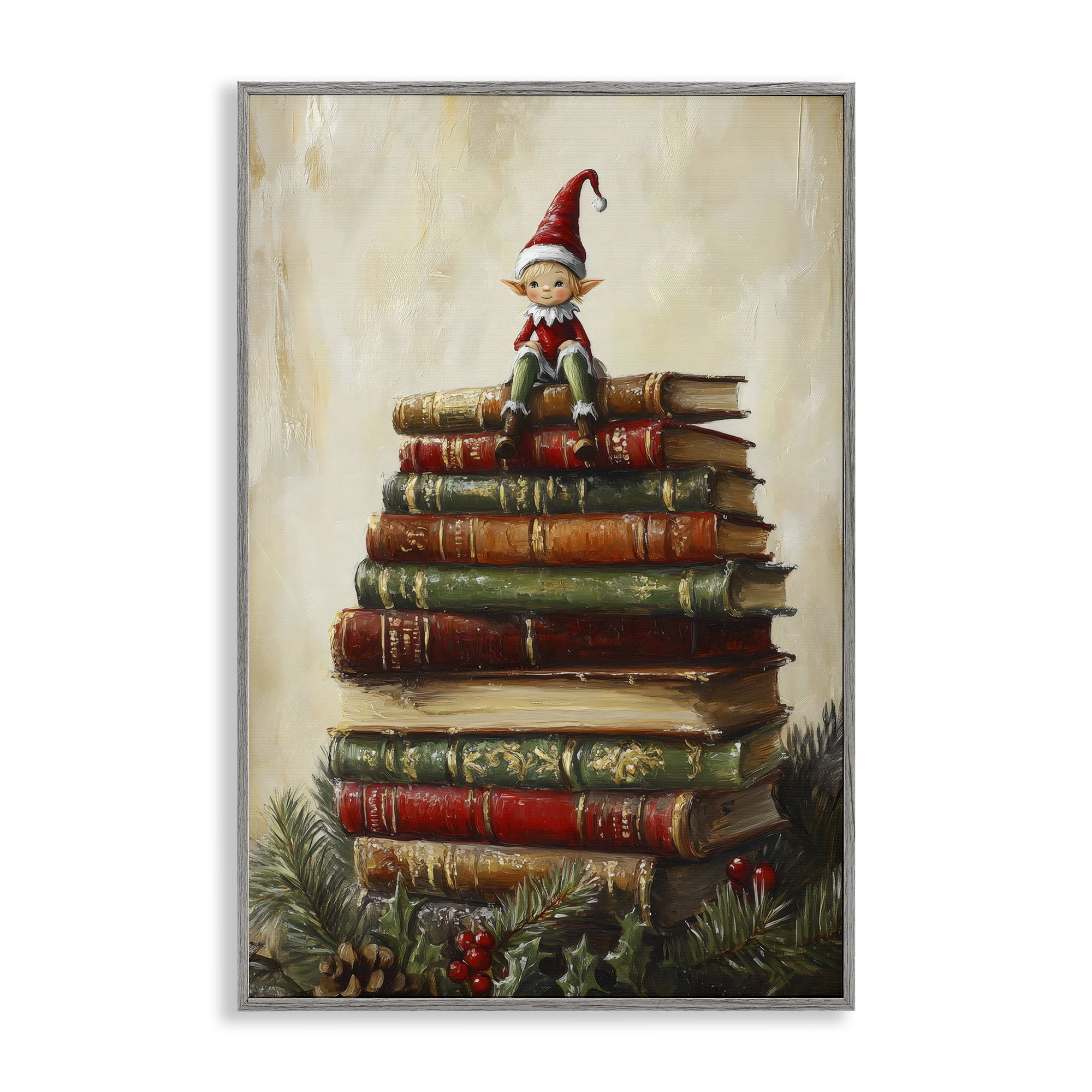 Christmas Elf Bookstack Gray Framed Giclee Art, design by Petal Prints Design