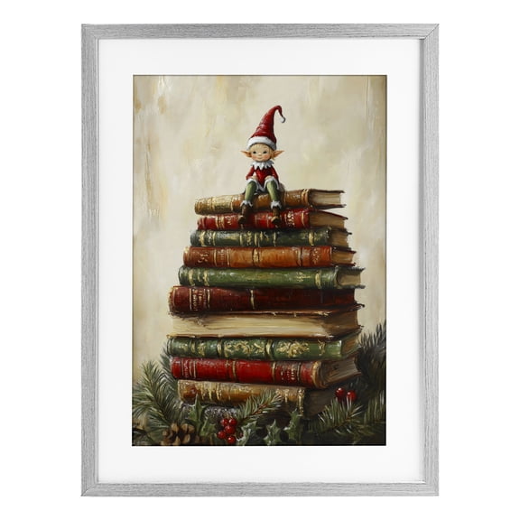 Christmas Elf Bookstack Gray Framed Print Under Glass, design by Petal Prints Design