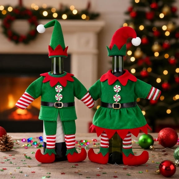 Christmas Elf Bottle Cap Set, a charming bottle decoration ideal for holiday and New Year's party table settings.