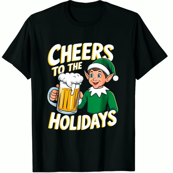 Christmas Elf Cheers To The Holidays Beer Print Holiday Party Wear Black Funny Graphic T-Shirt for Men and Women