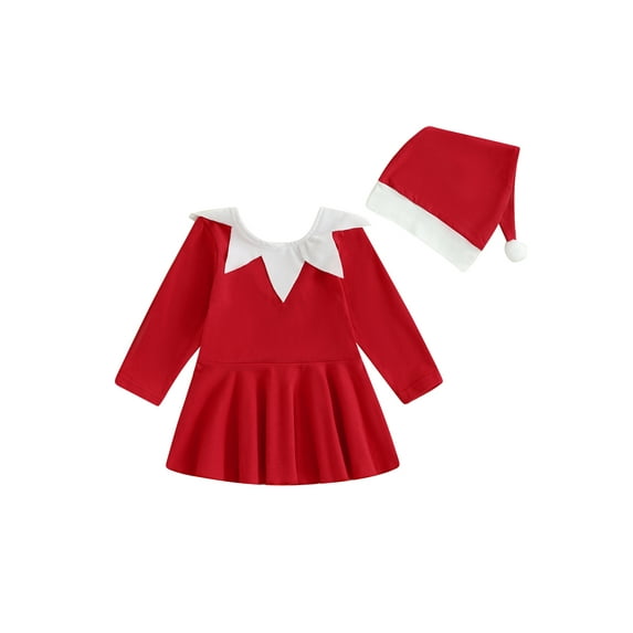 Christmas Elf Costume 6 12 18 Months 2 3 4 Years Baby Girl Red Princess DressLong Sleeve A-line Dress + Santa Hat Outfits Sets