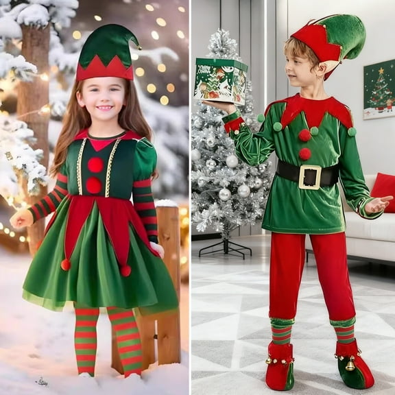 Christmas Elf Costume Set Boys Girls Festive Elf Outfit Kids Classic Red Green Elf Hat Stockings Set Dress-up Attire for Parties Cosplay Performance