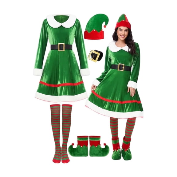 Christmas Elf Costume Set, Christmas Elf Costume for Women Velvet Elf Dress Set, Santa Helper Outfit with Accessories Hat Ears Shoes Belt Socks for Holiday Xmas Party Cosplay