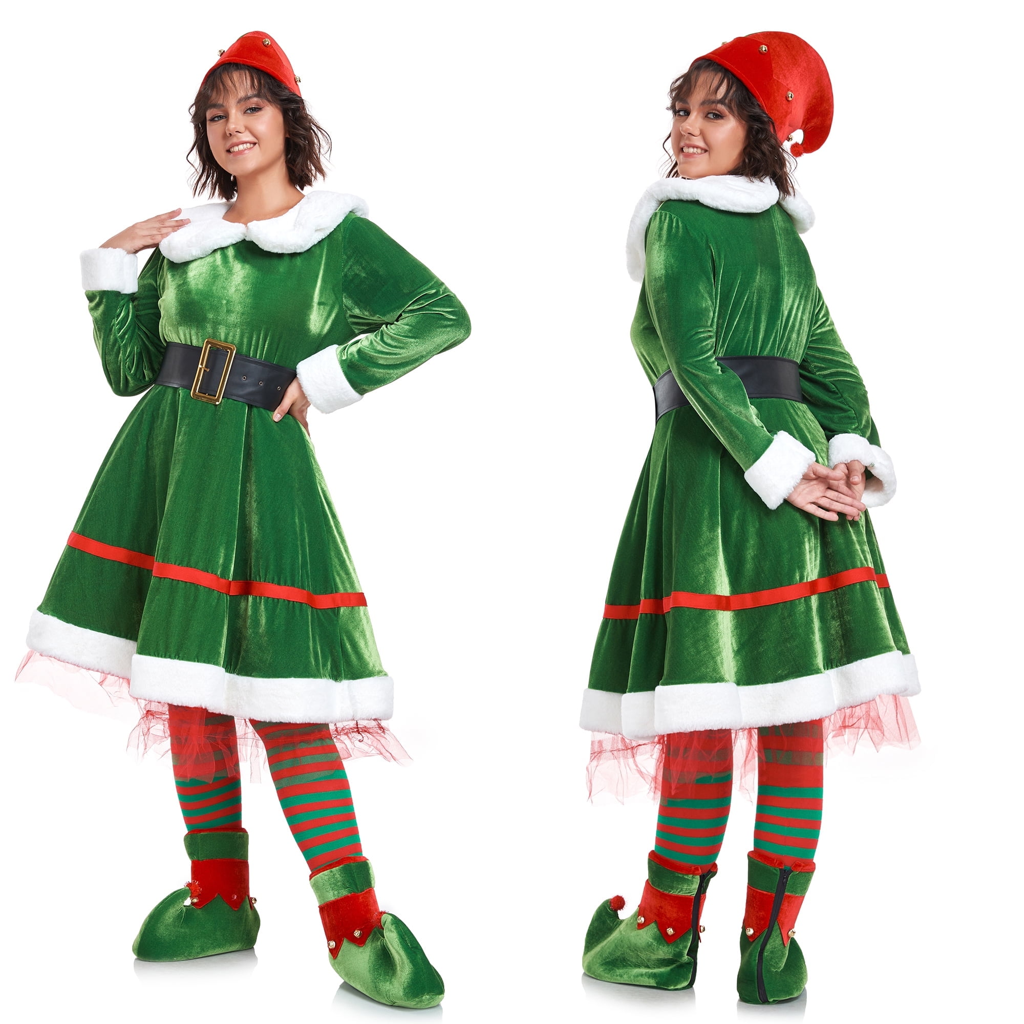 Velvet Elf Robe Christmas Elf Costume Set Velvet Dress with Belt Girls' Xmas Over Knee ...