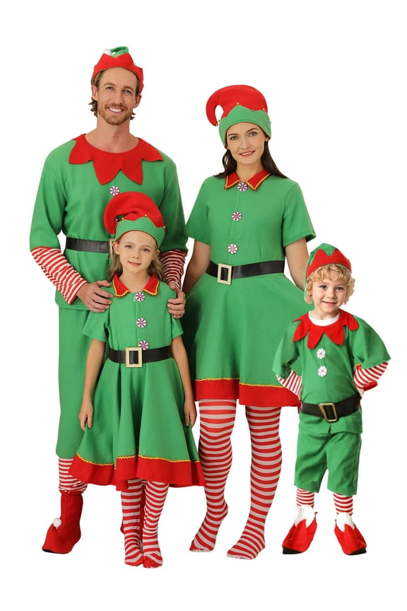 Christmas Elf Costumes Parent-Child Holiday Green Elf Outfits Xmas Family Matching Clothes for Kids Girls Boys Women Men