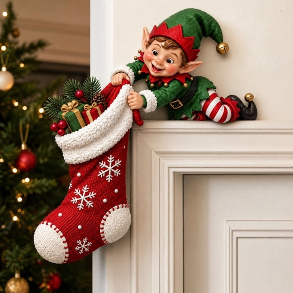 Christmas Elf Door Topper Decoration, Resin Elf Climbing Door Frame Figurine with Christmas Stocking and Gift, Xmas Door Top Ornament for Holiday Home Wall Decor