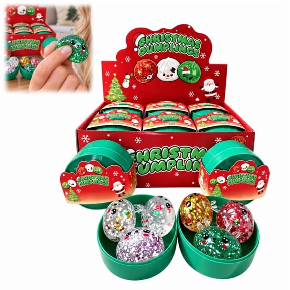 Christmas Elf Dumpling Mystery Squishy with Green Steamer Box, 3 Pack Random Sparkly Bao Bun Squeeze Fidget Toys, Sensory Stress Relief Balls, Holiday Party Favors & Christmas Stocking Stuffers